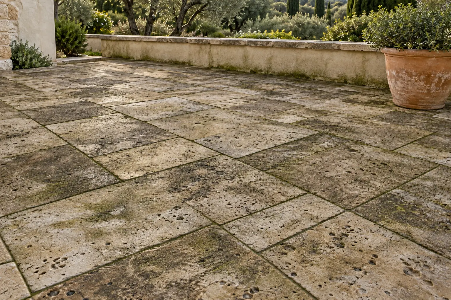 Même terrasse encrassée avant nettoyage